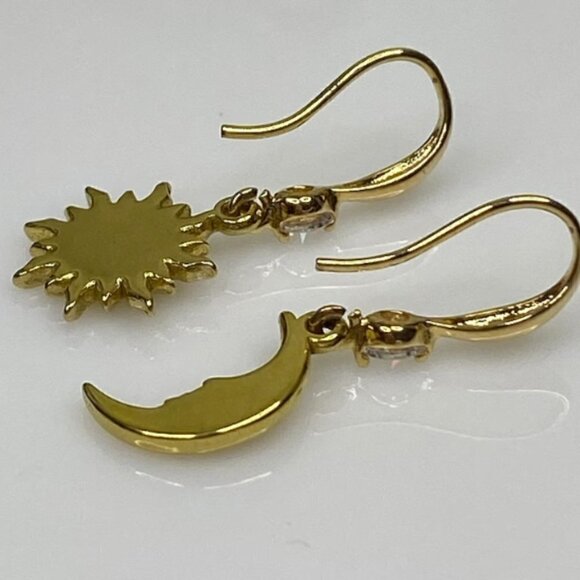 Gold Sun & Moon Earrings Stainless Steel Cubic Zirconia Earwires - Picture 4 of 5